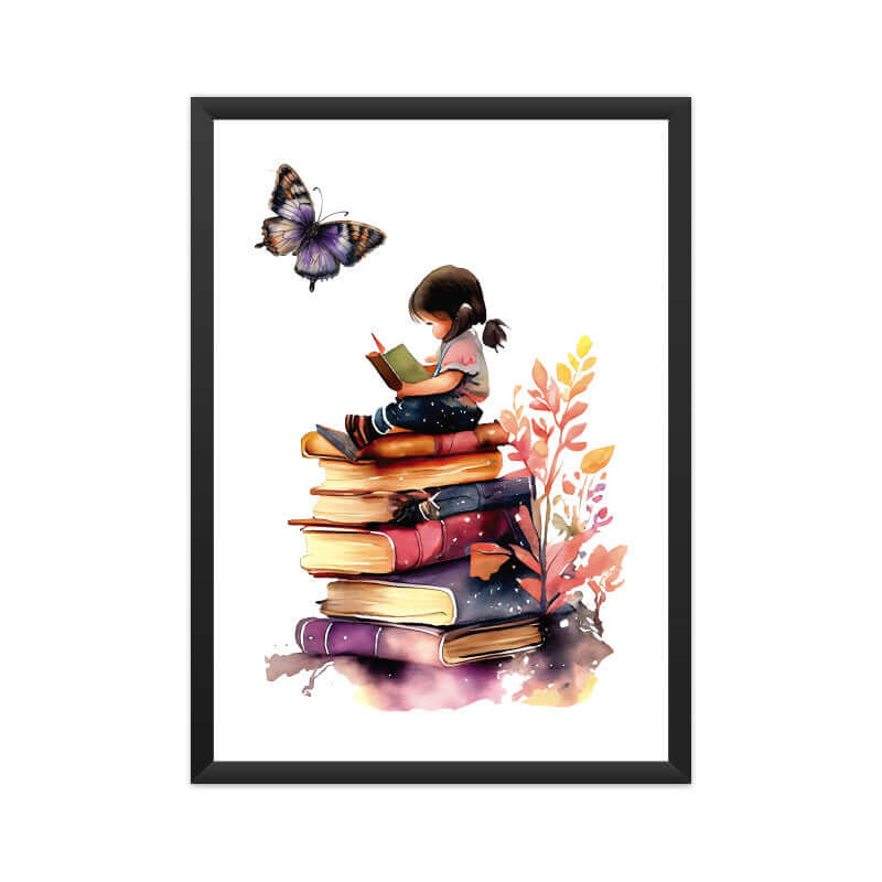 Girl Sitting and Reading on Stack of Books | Watercolor | Wall Art | FBKD1 - FairyBellsKart