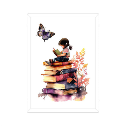 Girl Sitting and Reading on Stack of Books | Watercolor | Wall Art | FBKD1 - FairyBellsKart