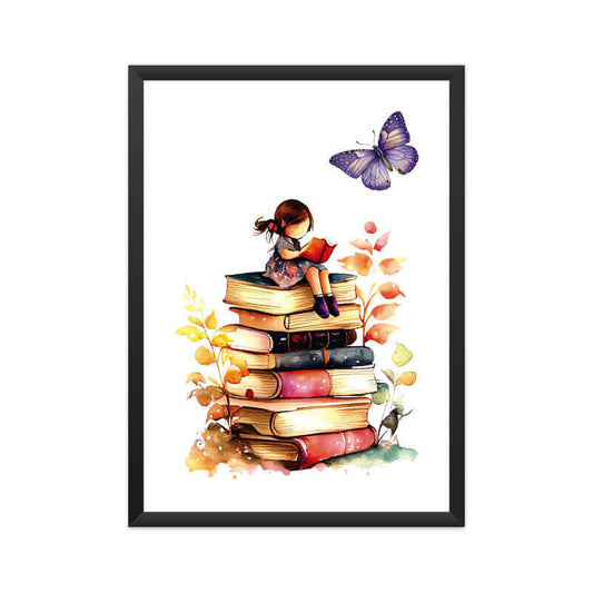 Girl Sitting and Reading on Stack of Books | Watercolor | Wall Art | FBKD2 - FairyBellsKart
