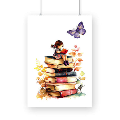 Girl Sitting and Reading on Stack of Books | Watercolor | Wall Art | FBKD2 - FairyBellsKart