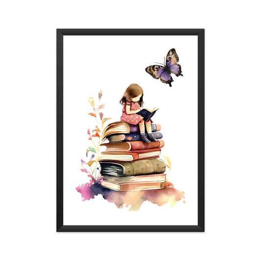 Girl Sitting and Reading on Stack of Books| Watercolor | Wall Art | FBKD3 - FairyBellsKart