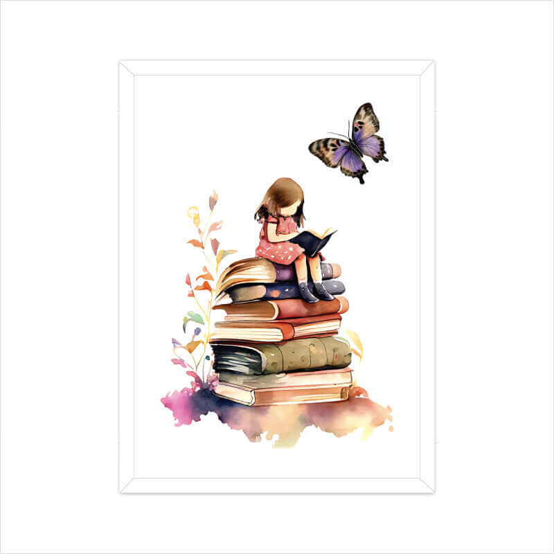 Girl Sitting and Reading on Stack of Books| Watercolor | Wall Art | FBKD3 - FairyBellsKart