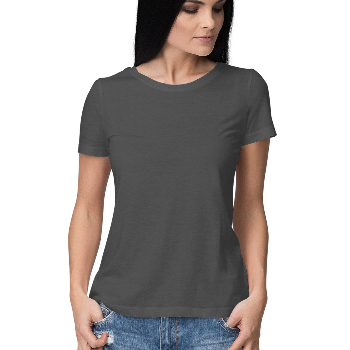 Women's Half Sleeve Round Neck Curved T-Shirt | Charcoal Grey - FairyBellsKart