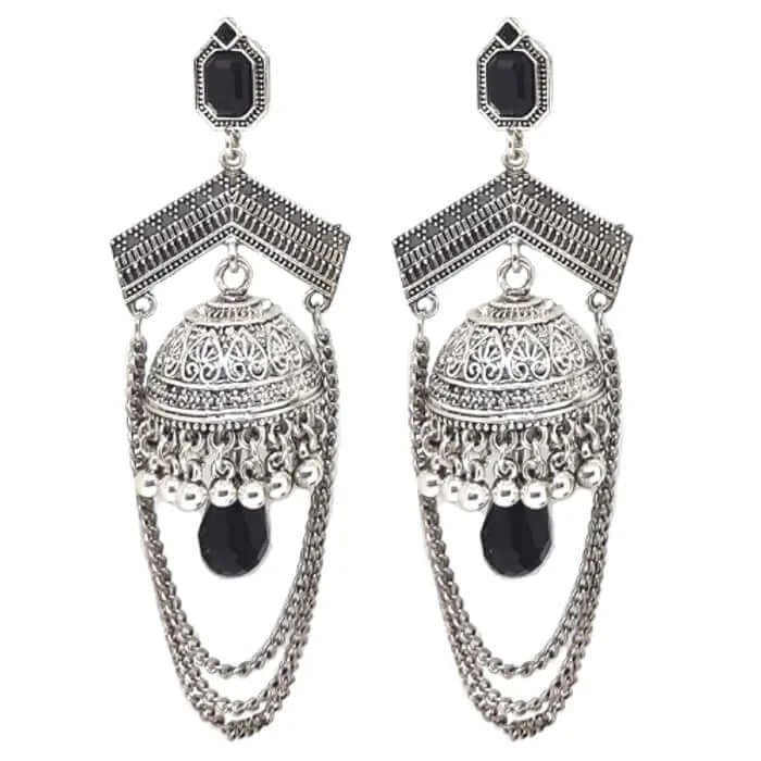 Buy Online Silver look oxidized jhumka jhumki earrings, Indian earrings  with side chain, black polish jh - Zifiti.com 1078915