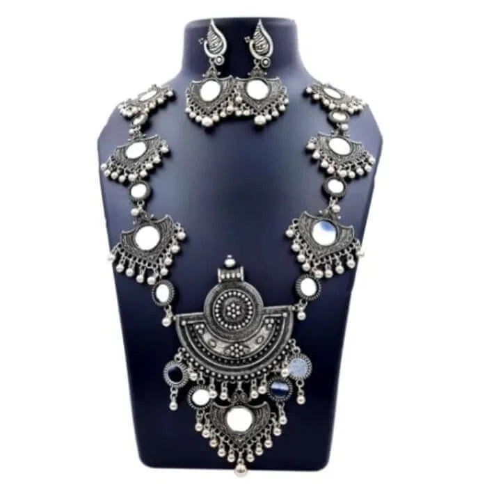 Long Oxidised Mirror Necklace Jewellery Set | FBK911A17N - FairyBellsKart