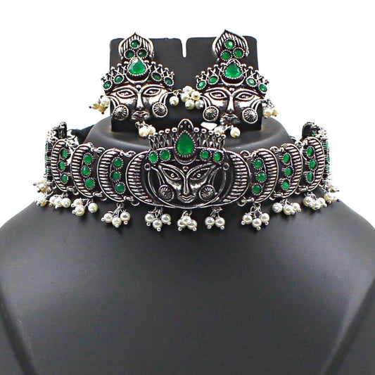Durga Maa | Silver Replica Choker Necklace Jewellery Set | Green | FBK911N05 | fairybellskart.com | Rs. 999.00