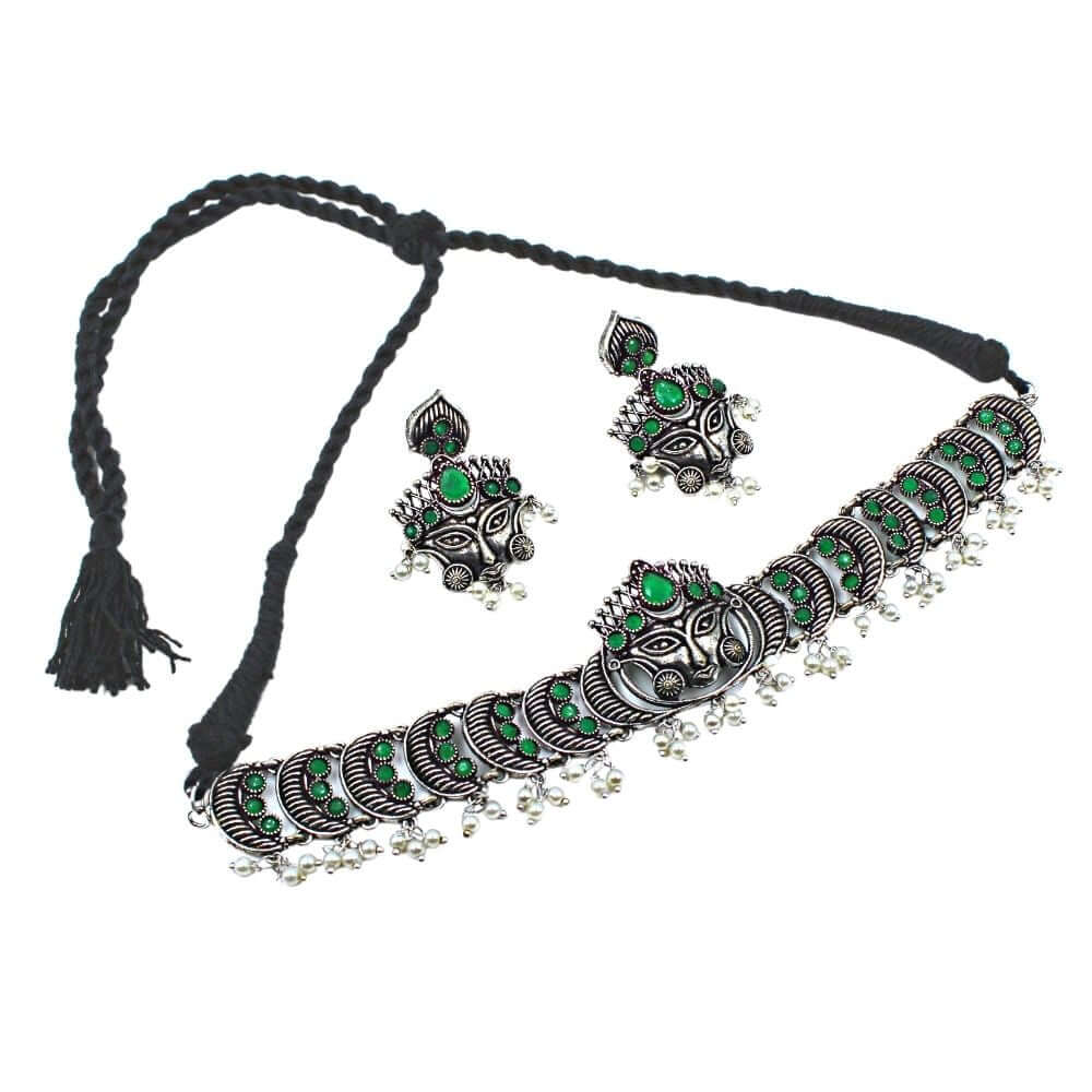 Durga Maa | Choker Necklace Jewellery Set | Green | FBK911N05 - FairyBellsKart