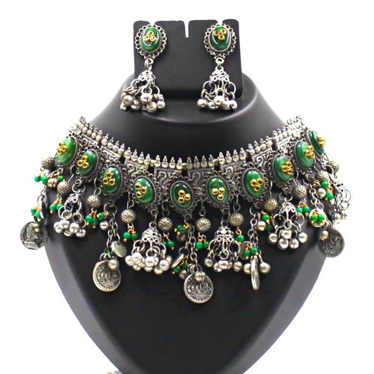 Dual Tone Choker Necklace Jewellery Set | Green | FBK911N07 - FairyBellsKart