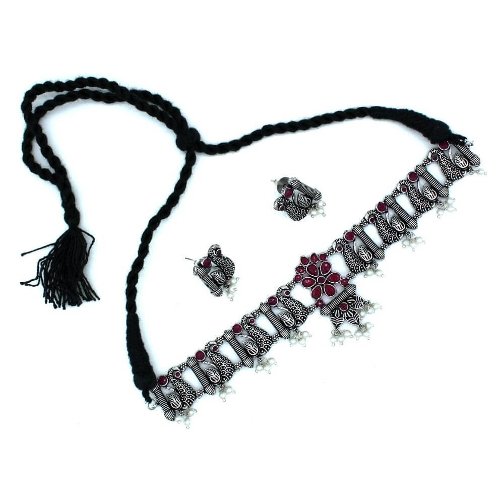 Choker Necklace Jewellery Set | Peacock | Magenta | FBK911N08 - FairyBellsKart