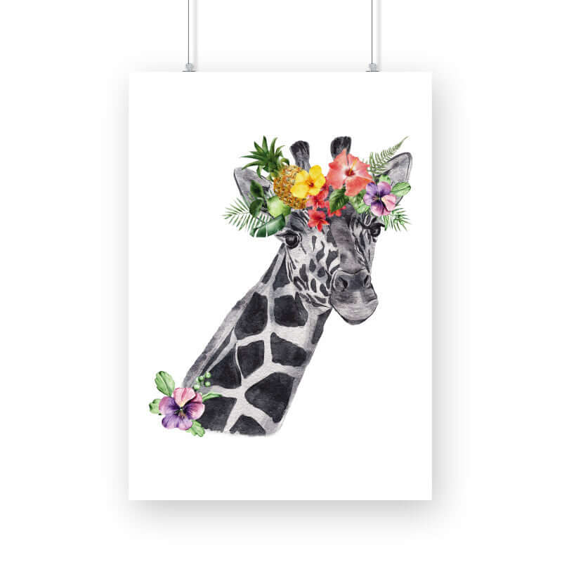 Giraffe Flowers Crown Head | Watercolor Portrait | Wall Art - FairyBellsKart