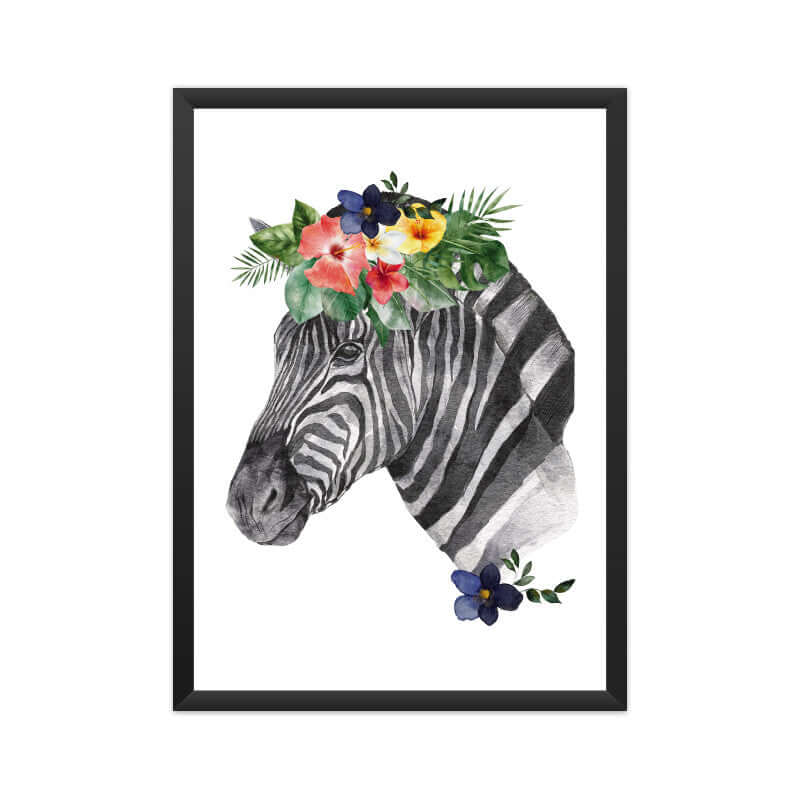 Folk Art Zebra Colourful Flower Boho Artwork Framed Wall Art Print