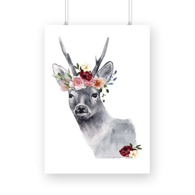 Deer Flowers Crown Head | Watercolor Portrait | Wall Art - FairyBellsKart