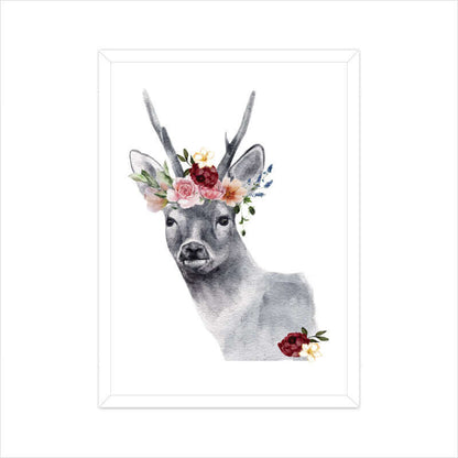 Deer Flowers Crown Head | Watercolor Portrait | Wall Art - FairyBellsKart