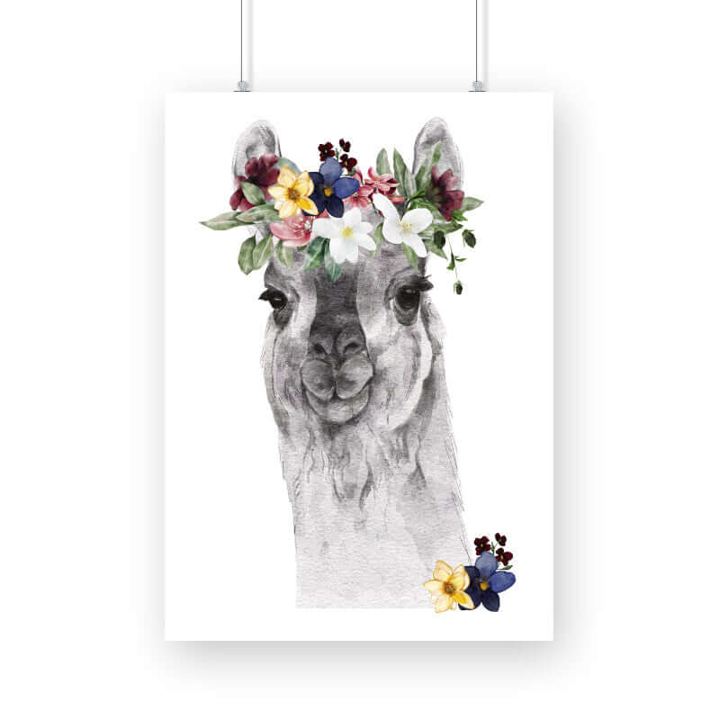 llama Flowers Crown Head | Watercolor Portrait | Wall Art - FairyBellsKart