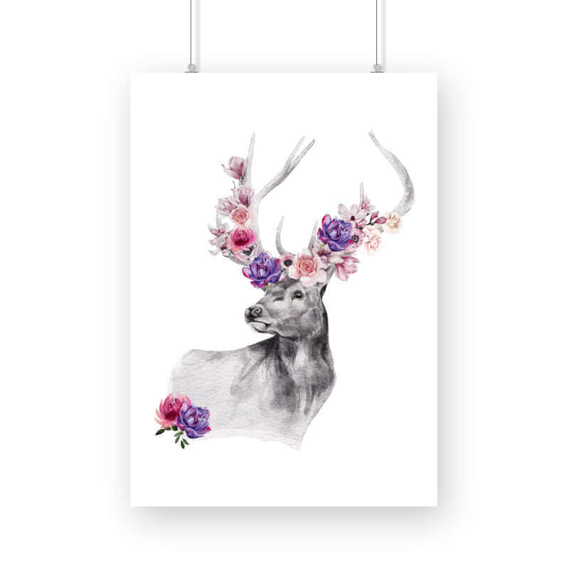 Red Deer Flowers Crown Head | Watercolor Portrait | Wall Art - FairyBellsKart