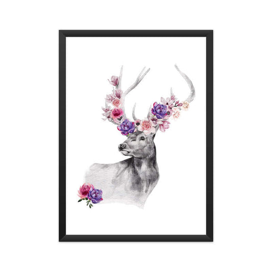 Red Deer Flowers Crown Head | Watercolor Portrait | Wall Art - FairyBellsKart