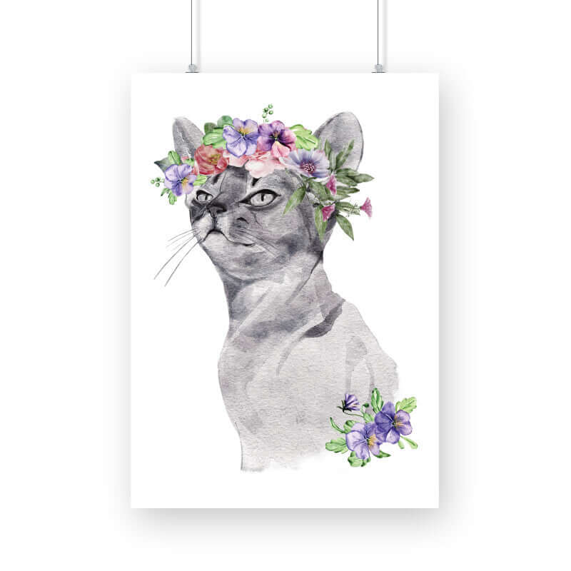 Cat Flowers Crown Head | Watercolor Portrait | Wall Art - FairyBellsKart