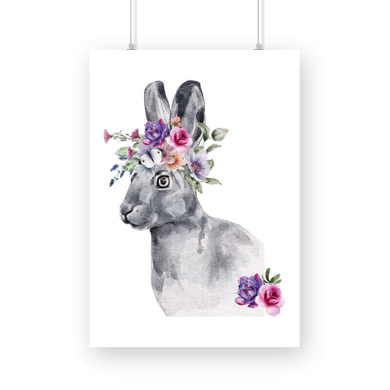 Rabbit Flowers Crown Head | Watercolor Portrait | Wall Art - FairyBellsKart