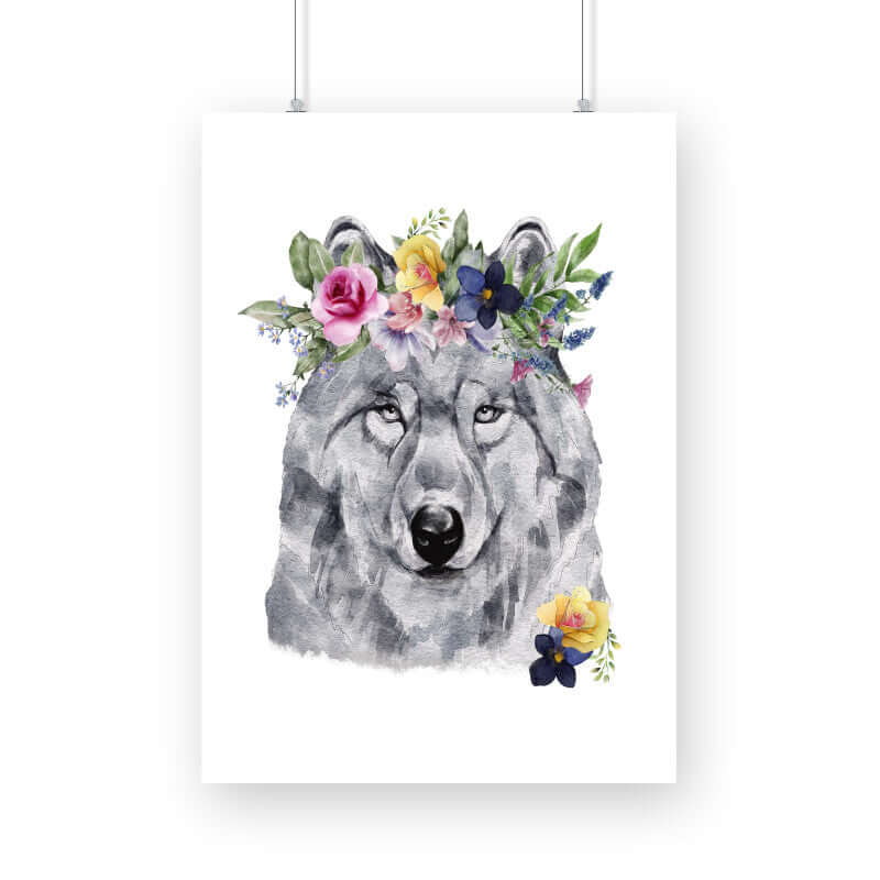 Wolf Flowers Crown Head | Watercolor Portrait | Wall Art - FairyBellsKart