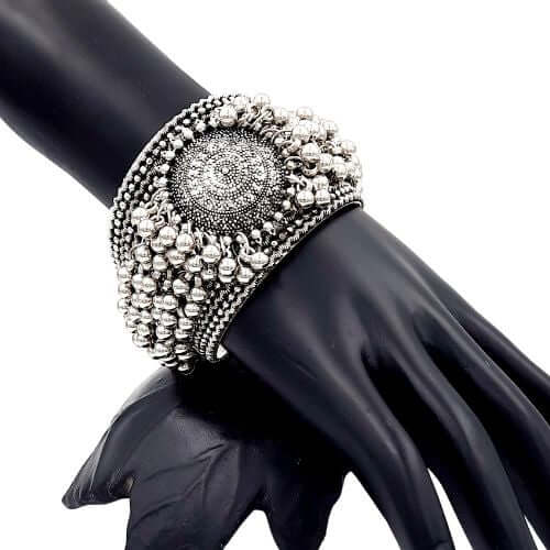 Oxidised Silver Ghungroo Cuff Kada Bracelet Jewellery | FBK911A3B - FairyBellsKart