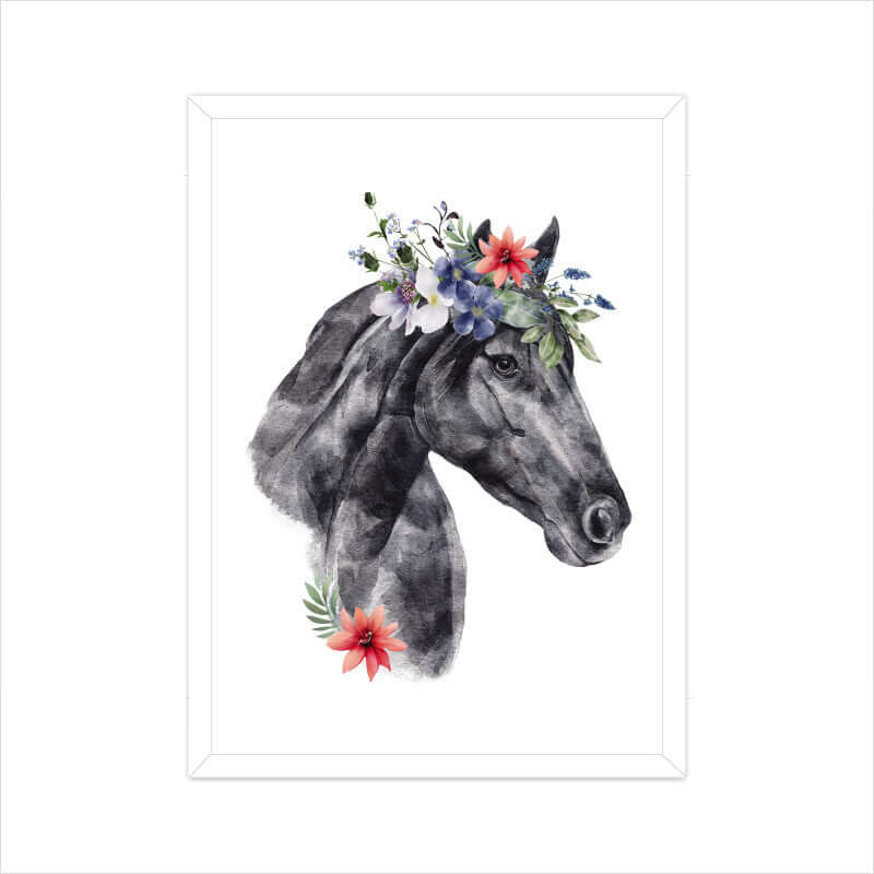 Horse Flowers Crown Head | Watercolor Portrait | Wall Art - FairyBellsKart