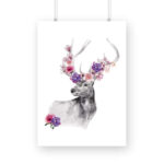 Red Deer Flowers Crown Head | Watercolor Portrait | Wall Art - FairyBellsKart