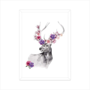 Red Deer Flowers Crown Head | Watercolor Portrait | Wall Art - FairyBellsKart