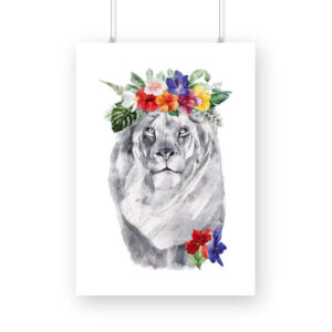 Lion Flowers Crown Head | Watercolor Portrait | Wall Art - FairyBellsKart