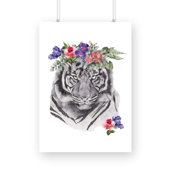 Tiger Flowers Crown Head | Watercolor Portrait | Wall Art - FairyBellsKart