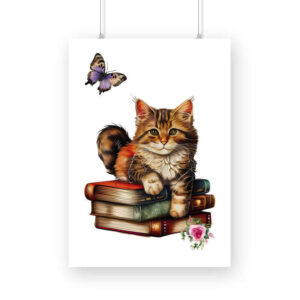 Cat on Stack of Books | Vintage | Watercolor | Wall Art | FBKD3 - FairyBellsKart