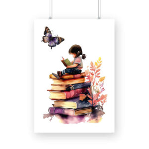 Girl Sitting and Reading on Stack of Books | Watercolor | Wall Art | FBKD1 - FairyBellsKart