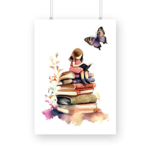 Girl Sitting and Reading on Stack of Books| Watercolor | Wall Art | FBKD3 - FairyBellsKart